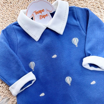  Macacão Tricotil (Tricot 100% Algodão) com Gola e Bordado - Balões - Azul Jeans 